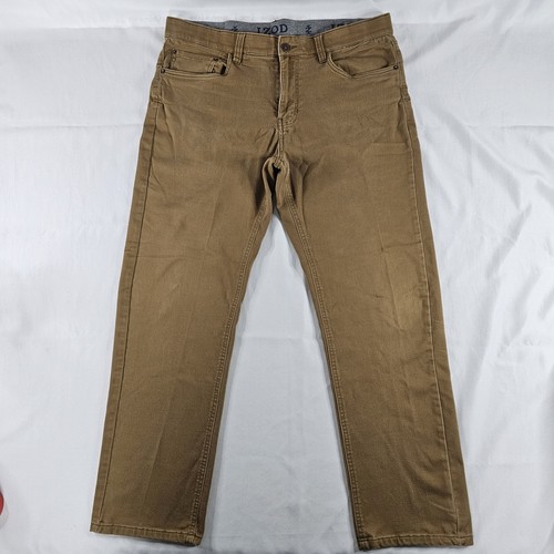 Pantalones de mezclilla IZOD para hombre elásticos calce regular cintura flexible marrón talla 36x32 LEER - Imagen 1 de 16