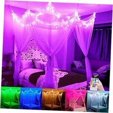 White Bed Canopy with Star Lights Girls Bedroom, 8 White Canopy, RGB Light