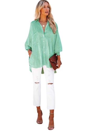 Womens Smocked Cuffed Striped Boyfriend Shirt Casual Collar Long Sleeve Overs... - Picture 4 of 6