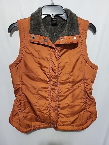 REI Fleece Lined Puffer Vest Women Small Orange Brown Zip Snap Outdoor