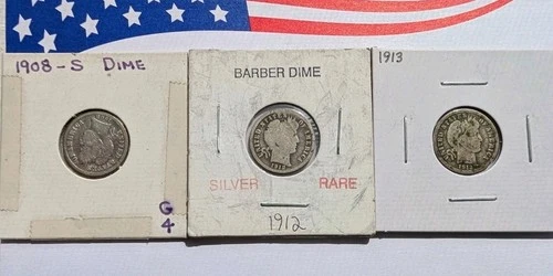 Lot of 3 Barber Silver Dimes, 1908-S, 1912, 1913, 90% Silver Dimes