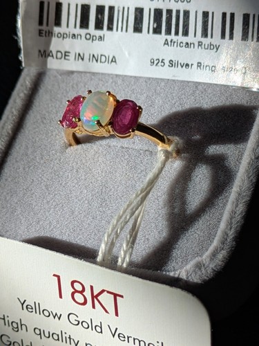 African Ruby And Ethiopian Opal Silver And 18kt Gold Vermeil Ring Size O - Picture 2 of 10