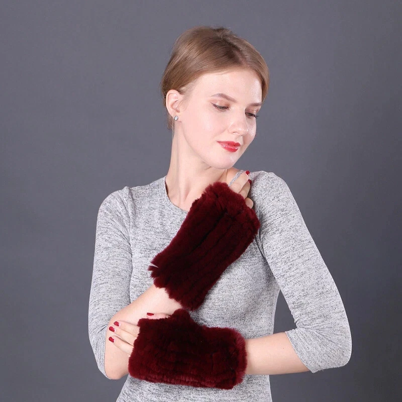 Genuine Rabbit Fur Fingerless Knitted Gloves Hand Warmers Winter Wrist Sleeves - Image 4 of 4