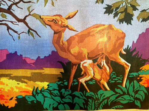 Handpainted deer fawn doe needlepoint canvas 17 x 24 colorful arabic arab Large - Picture 2 of 6