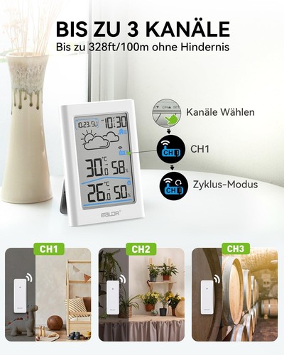 BALDR Wetterstation Funk mit Außensensor, Digital DCF-Funkuhr Thermometer Inn... - Bild 6 von 10