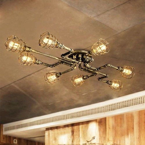 Industrial Semi Flush Mount Ceiling Light Multi Head Chandelier Cage Shade Light - Picture 5 of 6