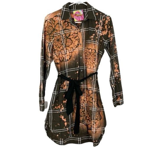 Handmade Flannel Dress Womens Small Boho Stencil Bleached Floral Tunic Green - Picture 3 of 11
