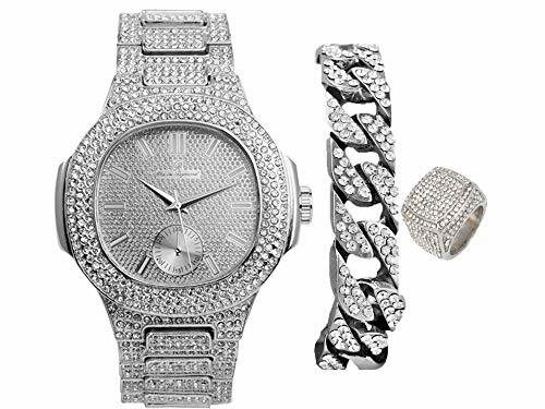 Bling Oblong Case Mens PP Look Watch with Cuban Bracelet and Ring 8475 CR Cuban - Picture 16 of 55