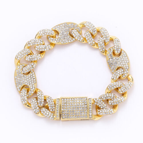 Men Hip Hop 15mm Bracelet ICED CZ 18K Gold Silver Plated Bling Cuban Hand Chain - Picture 1 of 11