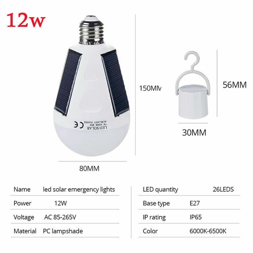 1-5pcs E27 12W Solar Panel Powered LED Bulb Light Outdoor Camping Tent Lamp US - Picture 10 of 15