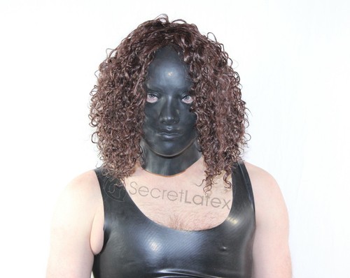 BLACK LATEX HOOD FULL HEAD RUBBER FETISH FEMALE MOULDED GIMP MASK + HQ WIG S / L - Picture 3 of 7