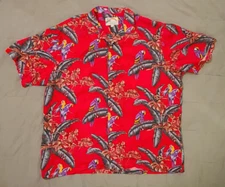 VTG Men's Paradise Found Red w Purple Parrot Rayon Hawaiian Shirt Magnum P.I. XL