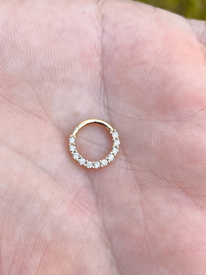 Anillo nariz con bisagras 18G Septum Clicker Daith aro con diamantes naturales oro 14k Foto 2 de 2