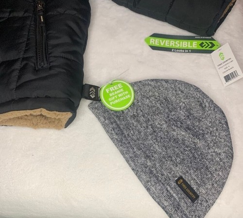 Sz4T NWT FREE COUNTRY Boy Black Puffer Jacket W/Beanie Full Zip Reversible Warm - Picture 3 of 9