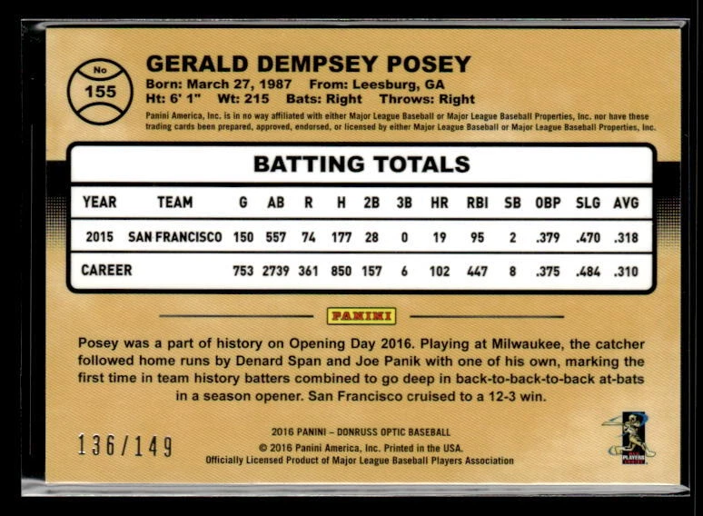 2016 Donruss Optic #155 Buster Posey Holo NM/M - Image 2 of 2