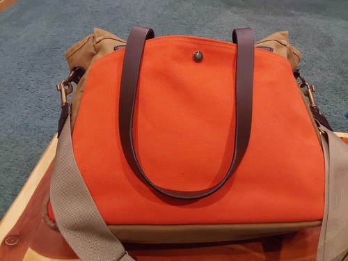 FILSON Messenger Bag/Briefcase ~ Tan & Blaze Orange Waxed Twill GREAT CONDITION - Picture 5 of 13