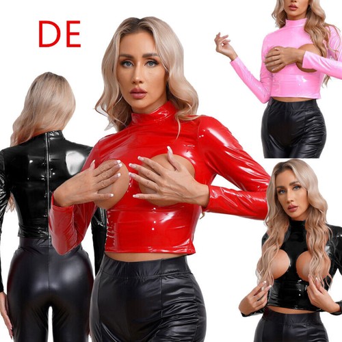 DE Damen Lackleder Top Langarm Brustfrei Top Oberteil Kurz Glänzende Unterhemd - Picture 1 of 39