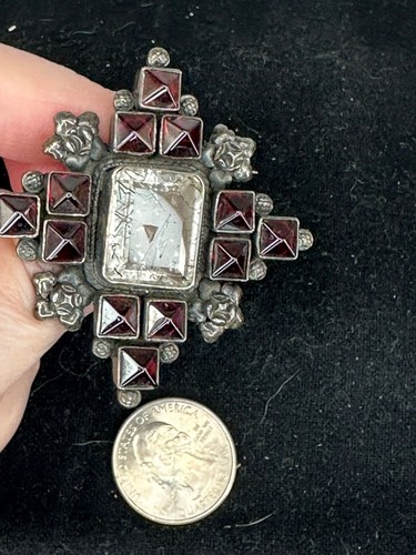 Flower Cross Red Rhinestone Vintage STERLING Silver Brooch Pendant M-6168 - Picture 2 of 5