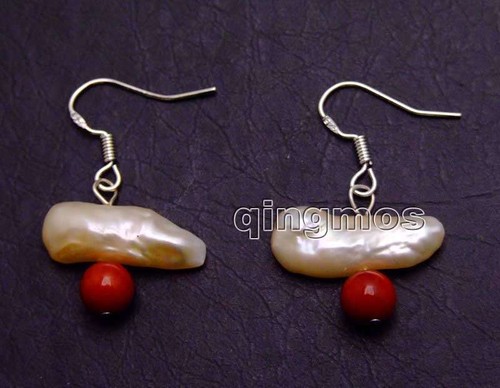 15-25mm Natural FW Biwa Pink Pearl Earring for Women & Red Coral Dangle Earring - Picture 3 of 6