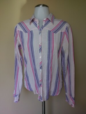 Periscope Medium Shirt Pink Purple White Stripe Collar Button Up Front Blouse
