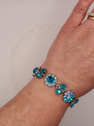 Pulsera de plata aguamarina/topacio vintage con cristales de aurora boreal pequeña mediana - Imagen 8 de 17
