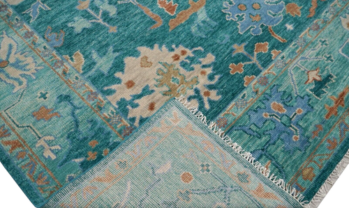 Handmade 9x12 ft Deep-Turquoise Transitional Oushak Rug | Customizable Carpet - Picture 3 of 9