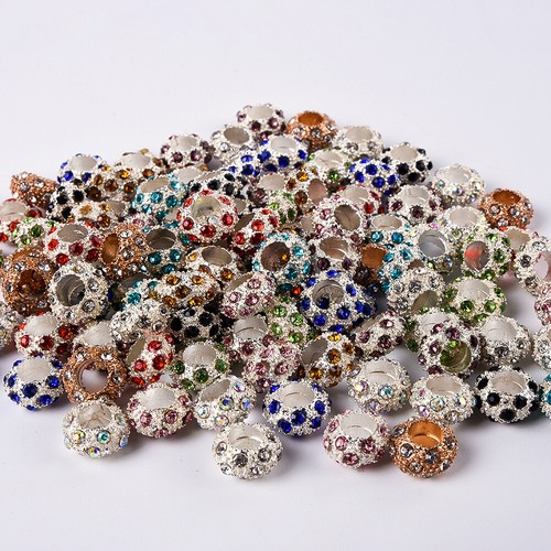 100Pc Big Hole Crystal Rhinestone Pave Silver Rondelle Spacer Beads Fit European - Picture 19 of 22
