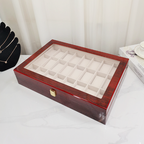 1x Caoba Red Glass Top 24 Slots Watch Box Ebony Wood Watch Display Case - Imagen 4 de 6
