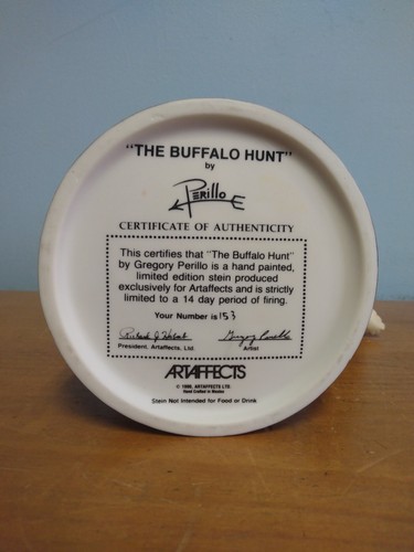 NEW THE BUFFALO HUNT BY PERILLO EMBOSSED BEER STEIN 8" TALL COA ON BOTTOM #153 - Picture 5 of 7