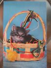 Long Haired Kitten In Basket Of Yarn Unused Post Card Lusterchrome Boston Mass