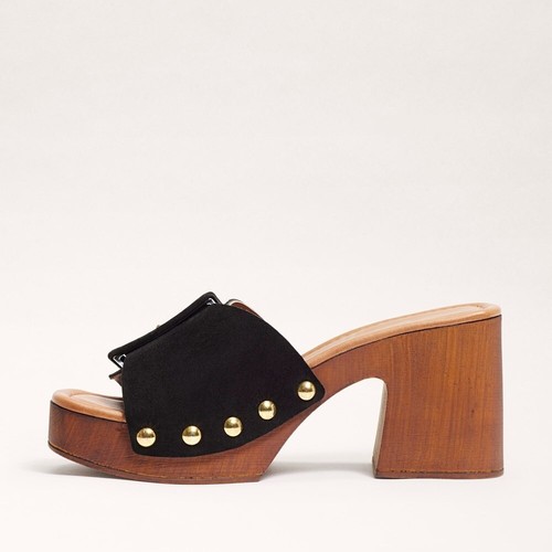 Sam Edelman Marcia Black Suede Squared Open Toe Slip On Block Heeled Sandals - Picture 4 of 6