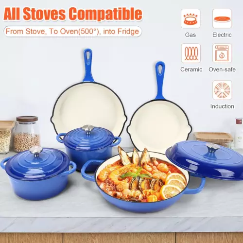 Nonstick Enameled Cast Iron Cookware Set - Pots and Pans with Lid, Frying Pan