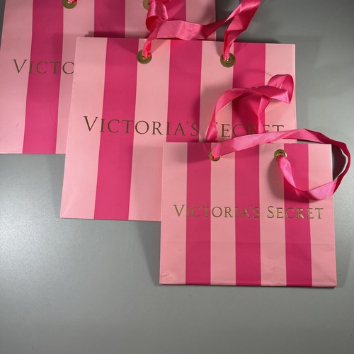 Set Of 3 Victoria's Secret Signature Shopping Bags Pink Stripe Ribbon Handles - Picture 7 of 9