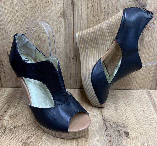 Seychelles Women's Wedge Platform Shoes Black Leather Back Zip Open Toe Size 9