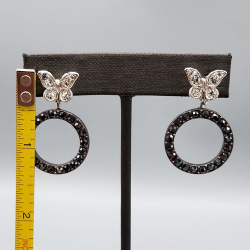 Nolan Miller Signed Silver Tone Black Crystal Butterfly Hoop Clip Earrings - Picture 8 of 10