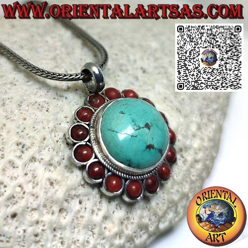 Ciondolo in argento 925 ‰ con turchese tibetano naturale tondo con coralli - Foto 2 di 5