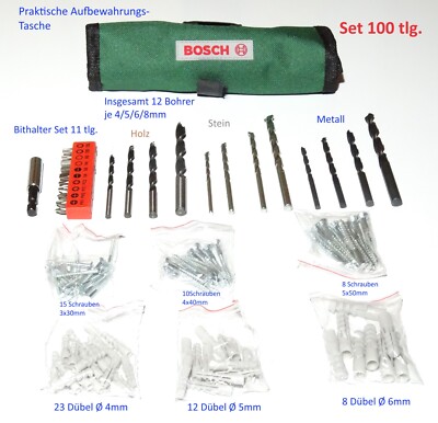 100tlg. Bosch Set Holzbohrer Steinbohrer Metall Bohrer Bit Dübel Schrauben Tasch