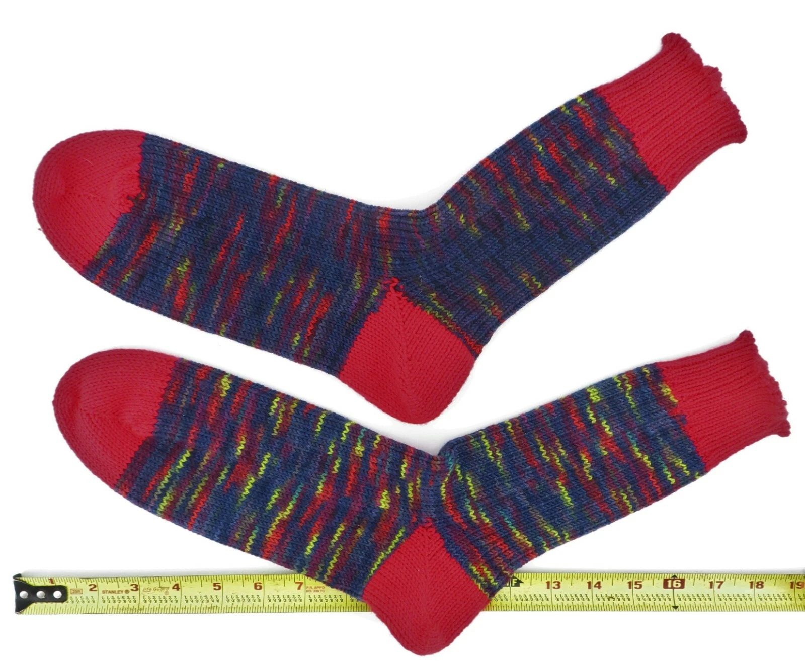 NEW Knitted Soft Wool Blend Socks Size Large Handmade Red Blue Multi Unisex