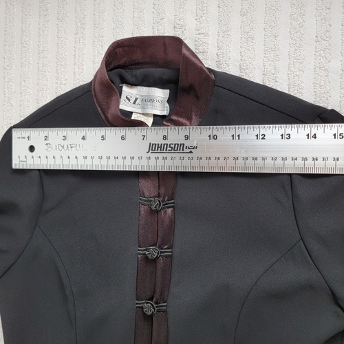 S.L. Fashions Petite Womens 4P Mandarin Collar Blazer Black Brown Satin Trim - Picture 5 of 7