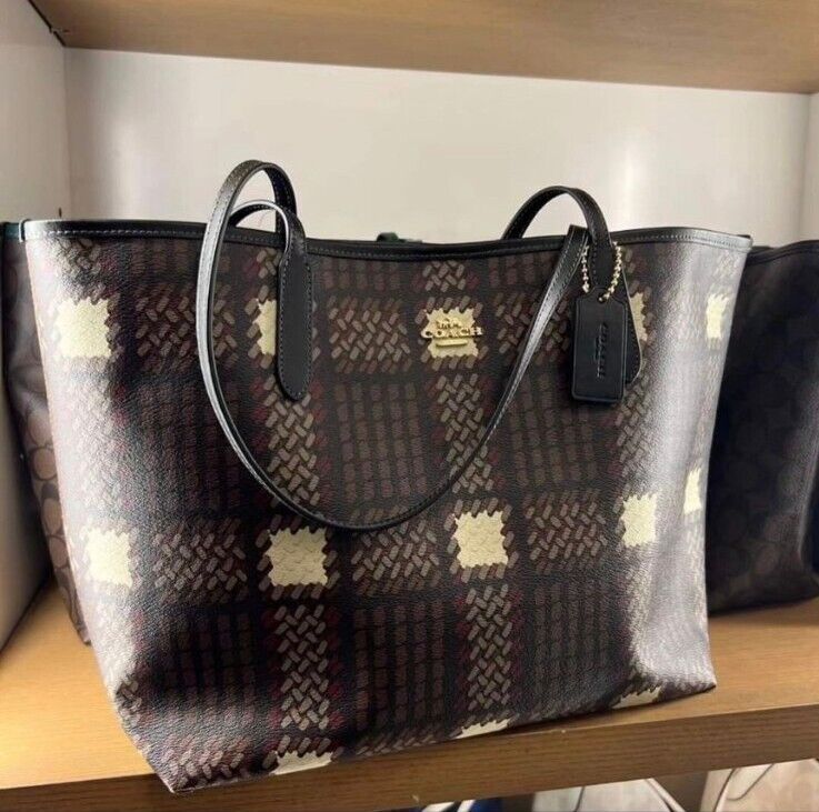 COACH ブラッシュドチェック柄プリント シティトート CM162 NWT Coach CM162 City Large Tote With Graphic/Brushed Plaid