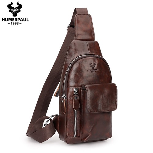 Chest Bag Genuine Leather Shoulder Crossbody Men's Men Sling Casual Bags Retro - Picture 1 of 14