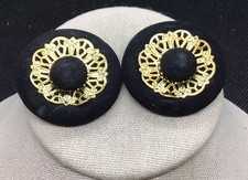 Vintage Costume Chunky Black Velvet  Gold Tone Shoe Clips C551