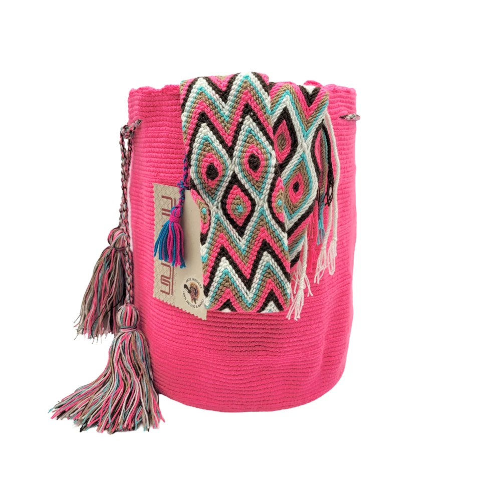 NUEVO CON ETIQUETAS 🔥 Bolso Mochila Wayuu Grande Colombiano Hecho a Mano Sólido Informal Calidad Superior ROSA Foto 4 de 4