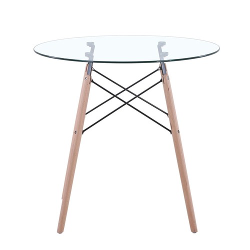 Tavolo da Cucina Rotondo con Piano in Vetro e Gambe in Legno, Trasparente, 80cm - Foto 2 di 9