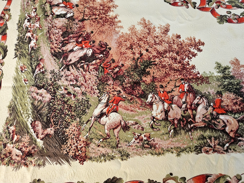 Tovaglia Cani Caccia Equitazione 49 X 62" Tessuto Cotone Cavalli Volpe Anni 60 Vintage - Foto 6 di 11