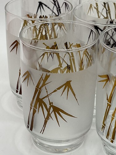 Set of 8 SASAKI Footed Tumblers Gold Bamboo on Frosted Glass MCM style - Picture 5 of 10