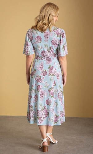 Vestido Anna Rose Midi Reino Unido 16 Azul Floral Elastizado Manga Corta Cuello Redondo Cinturón - Imagen 14 de 23