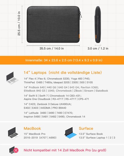 Inateck 14 Inch Laptop Bag Sleeve 14" Laptops 15" MacBook Pro 15.3" MacBook Air - Picture 2 of 7