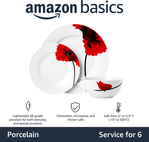 18-Piece Kitchen Dinnerware Set, Plates, Dishes, Bowls, Service for 6, Poppy - Picture 2 of 12