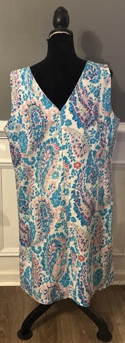 Nuovo abito tubino Talbots Fresco Paisley senza maniche primaverile taglia 14 blu preppy - Foto 4 di 7